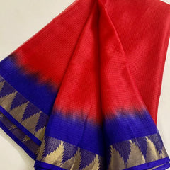 Two Dye Organza Net Temple Border Bhagalpuri Saree (Red & Duke_Blue) - View 5