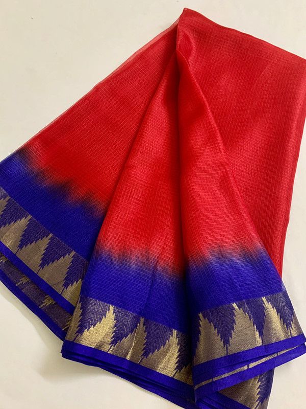 Two Dye Organza Net Temple Border Bhagalpuri Saree (Red & Duke_Blue) - View 5