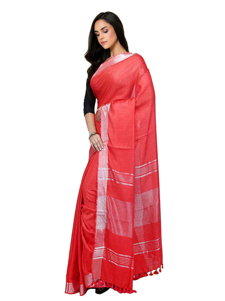Red Bhagalpuri women's Handloom Linen Cotton Ethnic Wear Saree With Running Unstitched Blouse Piece - View 4