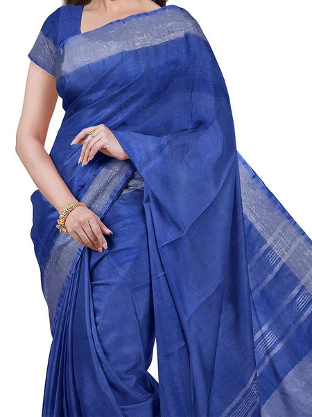 Cobalt Blue & Mint Green women's Bhagalpuri Handloom Cotton-Linen Blend Saree With Running Unstiched Blouse Piece - View 4