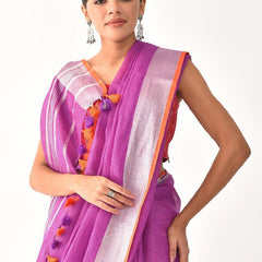 Linen Cotton Blend Contrast Handloom Bhagalpuri Saree for Women (Fuchsia_Pink-Orange) - View 3