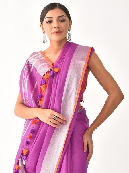 Linen Cotton Blend Contrast Handloom Bhagalpuri Saree for Women (Fuchsia_Pink-Orange) - View 3