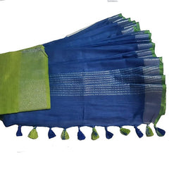 Blue-Parrot Green women's Handloom Bhagalpuri Cotton Linen Blend Saree Ethnic Wear With Contrast Unstitched Blouse Piece