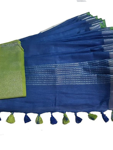 Blue-Parrot Green women's Handloom Bhagalpuri Cotton Linen Blend Saree Ethnic Wear With Contrast Unstitched Blouse Piece