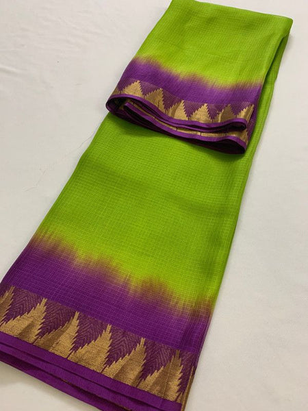 Kota Organza Silk Handloom Two Dye Net Saree with Temple Border (Kelly_Green & Magenta) - View 3