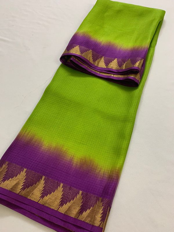 Kota Organza Silk Handloom Two Dye Net Saree with Temple Border (Kelly_Green & Magenta) - View 3