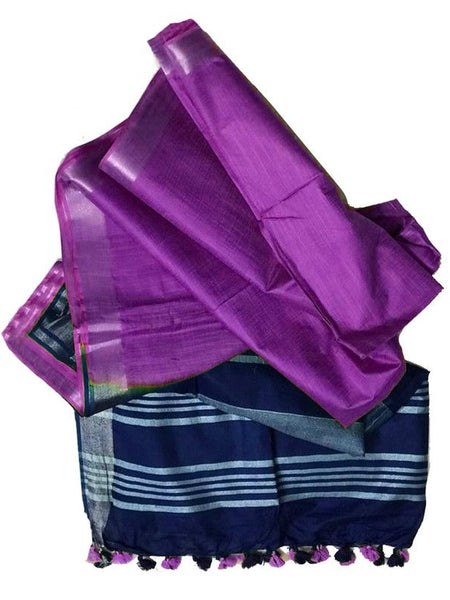 Royal Blue & Electric Purple women's Bhagalpuri Ethnic Wear Handloom Cotton Linen Slub Blend Zari Border Two Dye Saree With Running Unstitched Blouse Piece - View 2