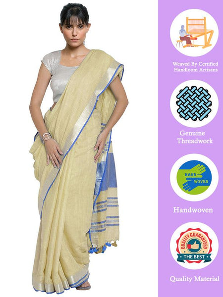 Ashamed Tan-Cyan women's Bhagalpuri Handloom Cotton Linen Blend Contrast Pallu Saree And Unstitched Contrast Blouse Piece - View 2