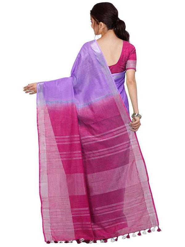 Lilac Purple & Raspberry Pink women's Bhagalpuri Handloom Ethnic Wear Linen Two Dye Saree With Running Unstitched Blouse Piece - View 4