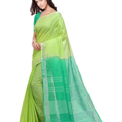 Lawn Green & Aquamarine Turquoise women's Handloom Bhagalpuri Cotton Slub Blend Two Dye Saree With Running Unstitched Blouse Piece - View 2