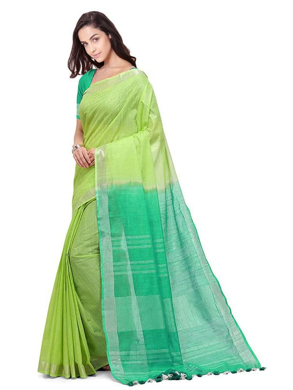 Lawn Green & Aquamarine Turquoise women's Handloom Bhagalpuri Cotton Slub Blend Two Dye Saree With Running Unstitched Blouse Piece - View 2