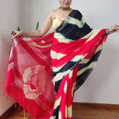 Handloom Linen Bhagalpuri Sibory Dye Multi Color Saree (Black-Creame-Pink)