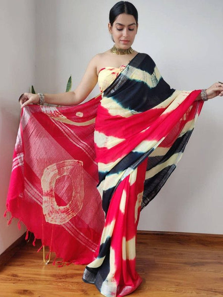 Handloom Linen Bhagalpuri Sibory Dye Multi Color Saree (Black-Creame-Pink)