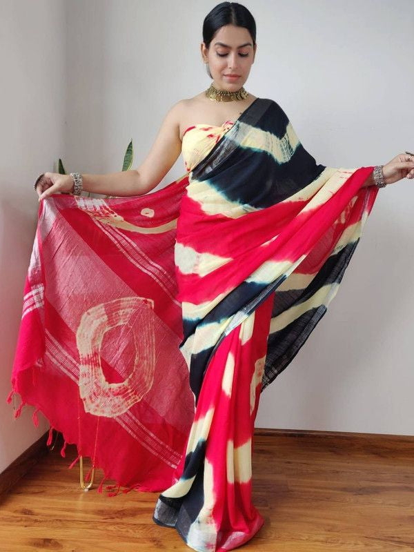 Handloom Linen Bhagalpuri Sibory Dye Multi Color Saree (Black-Creame-Pink)