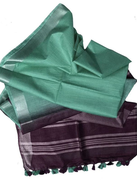Japanese Violet & Tiffany Cyan Bhagalpuri Handloom women's Ethnic Wear Cotton Slub Blend Two Dye Saree With Running Unstitched Blouse Piece