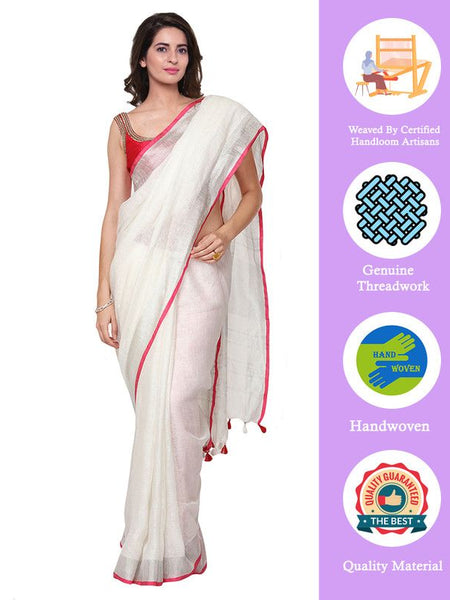 Bhagalpuri Handloom Linen Cotton Blend White Saree With Silver Zari Border And Contrast Unstitched Blouse Piece - View 2