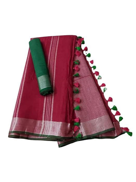 Handloom Bhagalpuri Linen Cotton Blend Contrast Border Saree for Women (12617 Deep_Pink-Dark_Green) - View 2