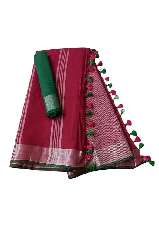 Handloom Bhagalpuri Linen Cotton Blend Contrast Border Saree for Women (12617 Deep_Pink-Dark_Green) - View 2
