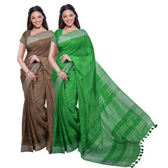 Brown & Pigment Green women's Bhagalpuri Handloom Cotton-Linen Blend Saree Combo (Pack Of 2) With Running Unstiched Blouse Piece