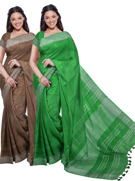 Brown & Pigment Green women's Bhagalpuri Handloom Cotton-Linen Blend Saree Combo (Pack Of 2) With Running Unstiched Blouse Piece