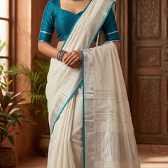 Bhagalpuri Handloom Linen Cotton Blend Saree WIth Cotrast Blouse Piece