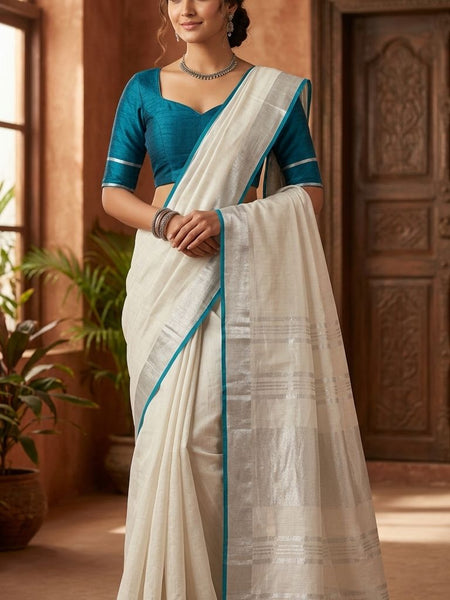 Bhagalpuri Handloom Linen Cotton Blend Saree WIth Cotrast Blouse Piece