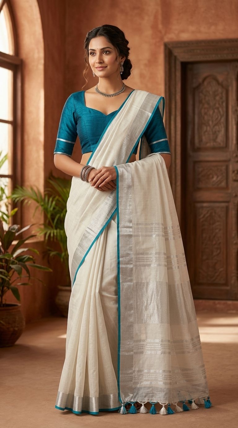 Bhagalpuri Handloom Linen Cotton Blend Saree WIth Cotrast Blouse Piece