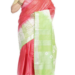 Red & Light Green women's Bhagalpuri Handloom Cotton Linen Slub Blend Tie Two Dye (Sibory Two Dye) Saree With Running Unstitched Blouse Piece - View 5