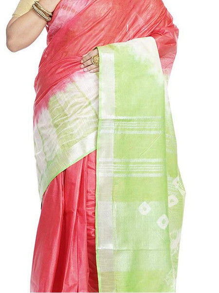 Red & Light Green women's Bhagalpuri Handloom Cotton Linen Slub Blend Tie Two Dye (Sibory Two Dye) Saree With Running Unstitched Blouse Piece - View 5