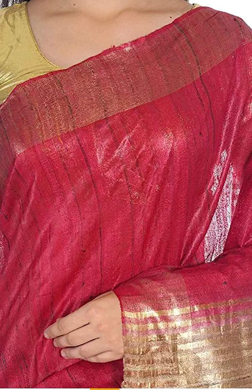 Two Dye Pure Tussar Ghicha Silk Handloom Saree (Cerise_Pink & Khahi_Brown) - View 5