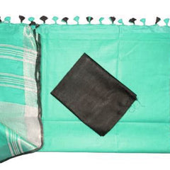 Turquoise women's Bhagalpuri Blend Linen Saree With Black Pipin Contrast Blouse Piece - View 2