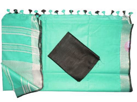 Turquoise women's Bhagalpuri Blend Linen Saree With Black Pipin Contrast Blouse Piece - View 2
