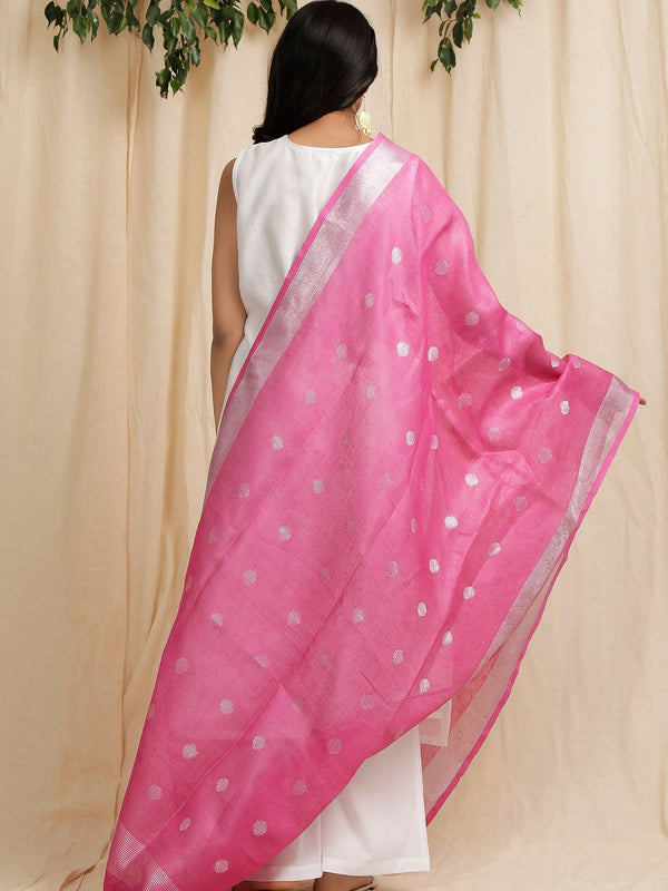 Handloom Pure Linen Bhagalpuri Dupatta with Weaving Circle Motif (Pink) - View 3