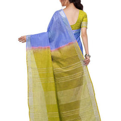 Neon Blue & Pear Green women's Bhagalpuri Handloom Linen Cotton Blend Two Dye Saree With Running Unstitched Blouse Piece - View 4