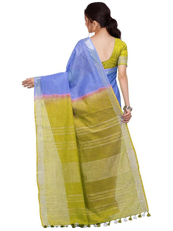 Neon Blue & Pear Green women's Bhagalpuri Handloom Linen Cotton Blend Two Dye Saree With Running Unstitched Blouse Piece - View 4