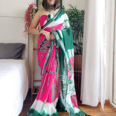 Handloom Linen Bhagalpuri Sibory Multi Dye Saree (Mint_Green-White-Pink)