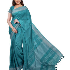 Cyan women's Bhagalpuri Handloom Linen Blend Saree And Variation Of Colors With Running Unstiched Blouse Piece - View 3