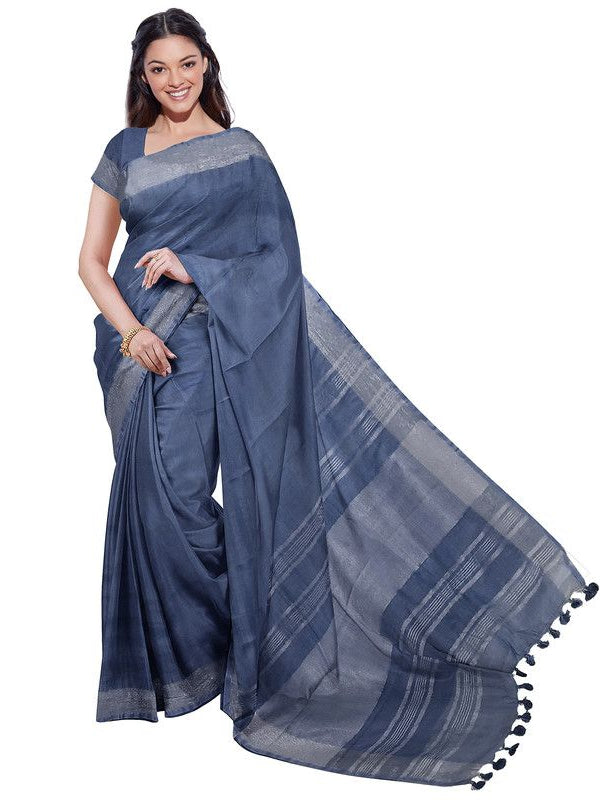 Cerulean Blue & Lake Blue women's Bhagalpuri Handloom Cotton-Linen Blend Saree Combo (Pack Of 2) With Running Unstiched Blouse Piece - View 6