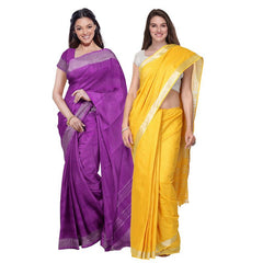 Electric Purple & Yellow women's Bhagalpuri Handloom Cotton-Linen Blend Saree Combo (Pack Of 2) With Running Unstiched Blouse Piece