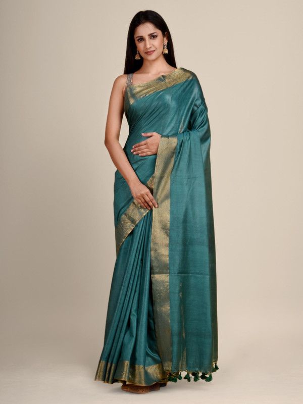 Munga Silk Tussar Blend Bhagalpuri Handloom Moonstone Cyan Saree