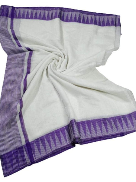 White-Purple women's Bhagalpuri Handloom Kota Silk Temple Border Saree And Variation Of Colors With Striped Blouse Piece