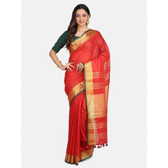 Linen Cotton Blend Contrast Handloom Bhagalpuri Saree (Gold-Red-Dark_Green )