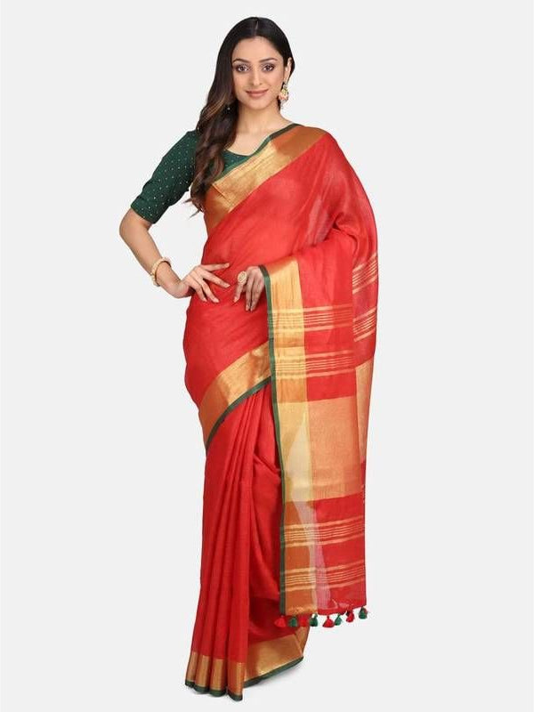 Linen Cotton Blend Contrast Handloom Bhagalpuri Saree (Gold-Red-Dark_Green )