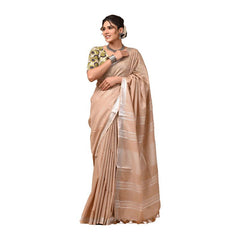 Linen Cotton Blend Handloom Bhagalpuri Saree with Zari Border (12801 Tan_Brown) - View 2