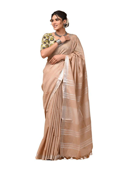 Linen Cotton Blend Handloom Bhagalpuri Saree with Zari Border (12801 Tan_Brown) - View 2