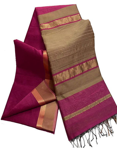 Bhagalpuri Cotton Tussar Silk Saree with Designed Border (Wild Strawberry Pink)