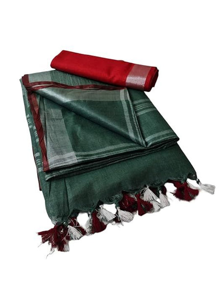 Handloom Bhagalpuri Linen Cotton Blend Contrast Border Saree for Women (12646 Stromeb_Green-Red) - View 2
