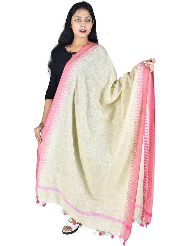 Pink Linen Temple Handloom Bhagalpuri Dupatta - View 3