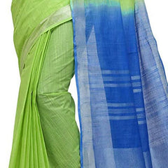 Green & Cyan women's Bhagalpuri Handloom Linen Slub Blend Two Dye Saree With Running Unstitched Blouse Piece - View 5