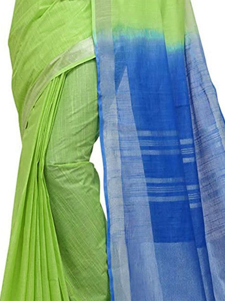 Green & Cyan women's Bhagalpuri Handloom Linen Slub Blend Two Dye Saree With Running Unstitched Blouse Piece - View 5